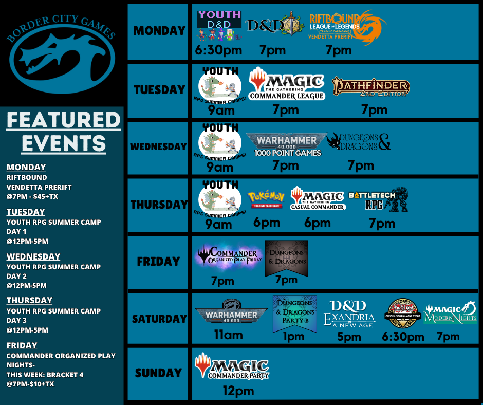 Event Calendar for the Week of June 27th - August 2nd 2026