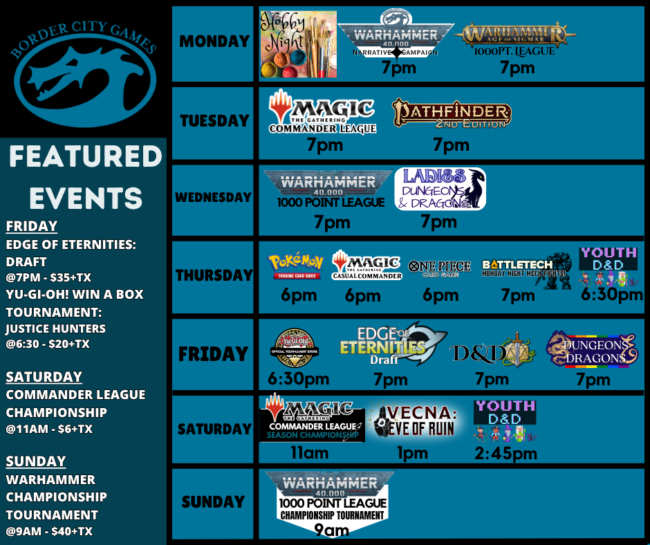 Event Schedule for July 28th - August 3rd