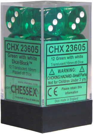 CHESSEX 16MM D6 DICE BLOCK (12 DICE) - TRANSLUCENT