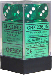 CHESSEX 16MM D6 DICE BLOCK (12 DICE) - TRANSLUCENT