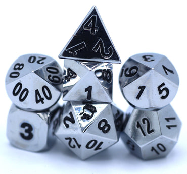 Shiny Silver with Black Numbers Basic Dragon Solid Metal Dice set