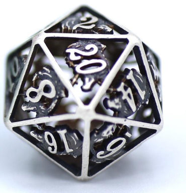 Ancient Silver Hollow Metal Dragon Polyhedral D20 Dice