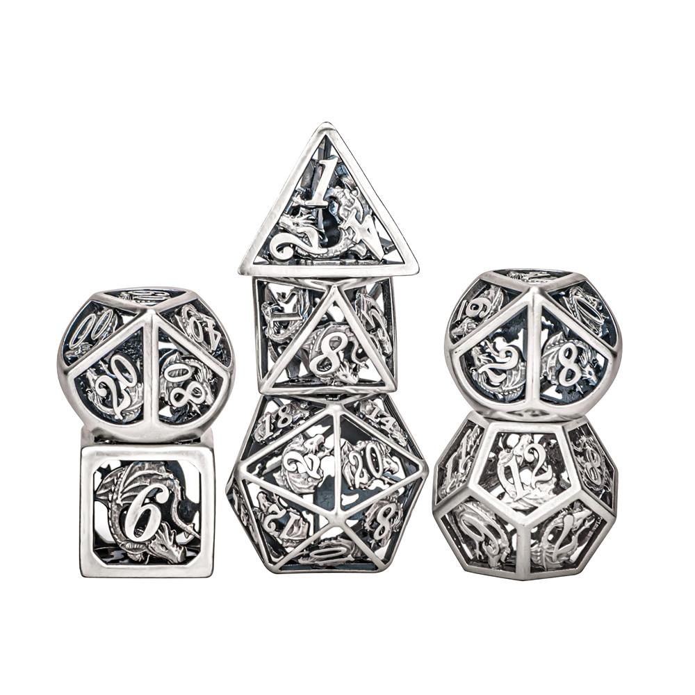 Ancient Silver Hollow Metal Dragon Polyhedral Dice Set