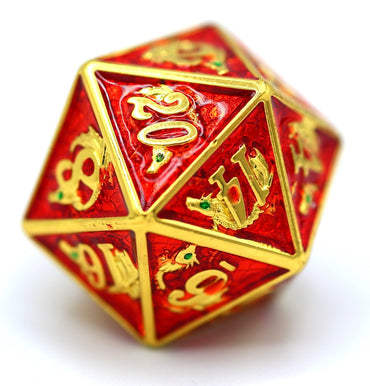 Gold with Red Solid Metal Dragon D20
