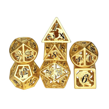 Matte Gold with Black enamel Hollow Metal Dragon Polyhedral Dice Set