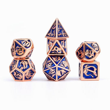 Copper with Navy Blue Solid Metal Dragon Polyhedral Dice Set