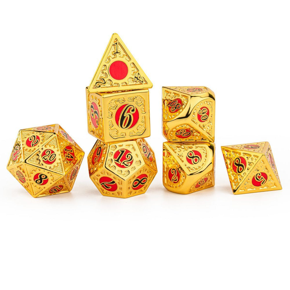 Gold with Red and Black Solid Metal Gears of Providence Polyhedral Dice Set