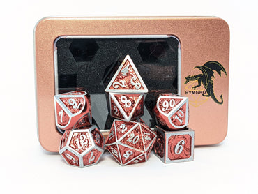 Gun Metal with Red Chrome Solid Metal Dragon Polyhedral Dice Set
